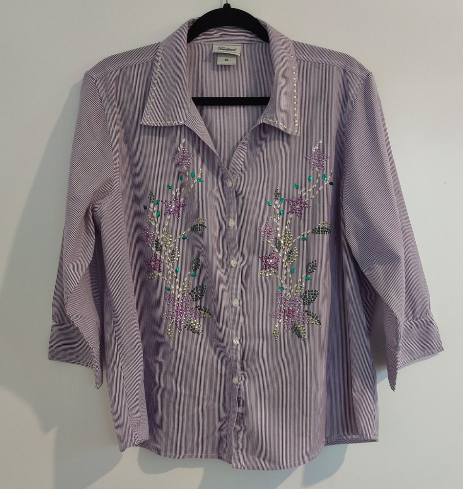 Women's XL Distinct Purple & Blue Strips Blouse